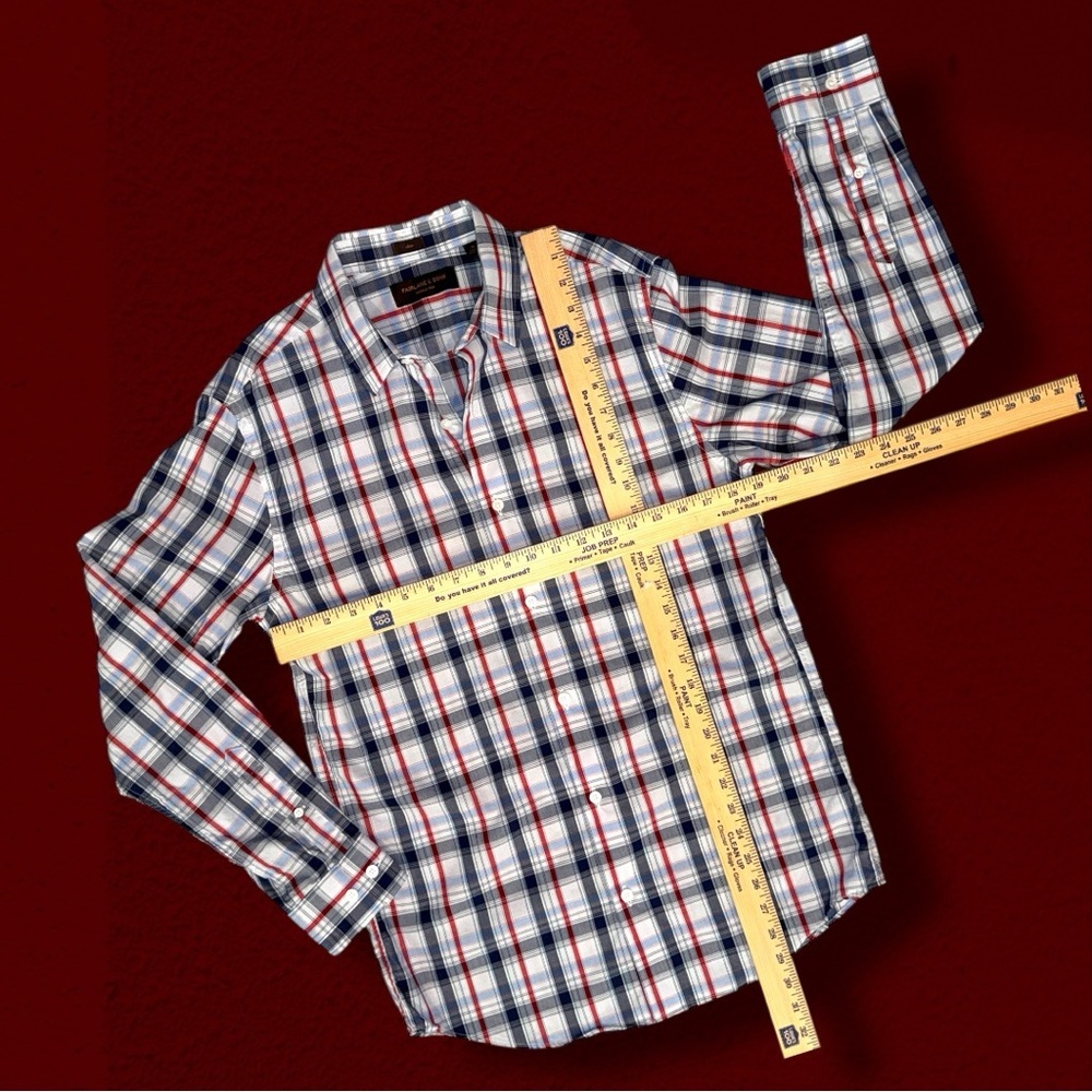 Fairlane & Sons Slim Fit Plaid Button-Down Shirt M Navy Red Wrinkle Free - Picture 6 of 12
